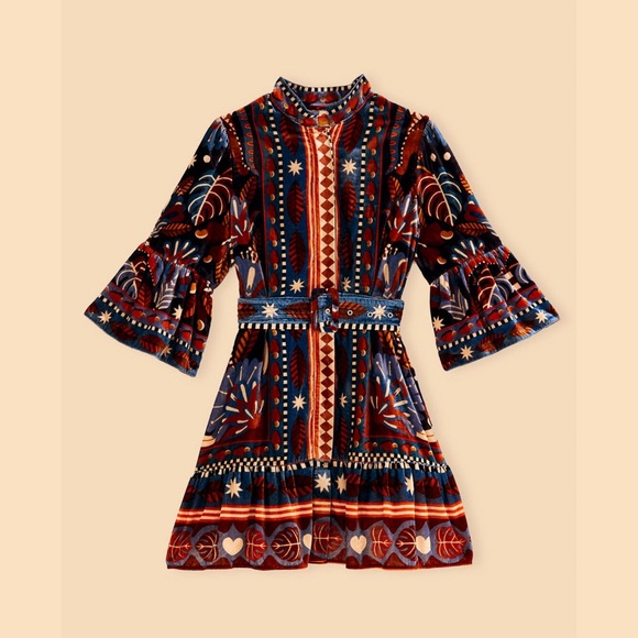 Farm Rio Nature Beauty Blue Scarf Short Dress In Blue Multi - Size S - Picture 3 of 7